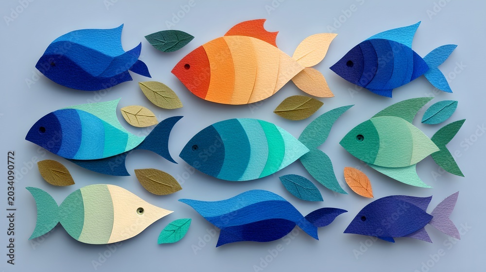 Obraz premium A colorful collection of fish artfully arranged on a pastel background, with scattered leaves creating a serene underwater scene