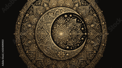 Schilderij op canvas Intricate golden crescent moon mandala design.