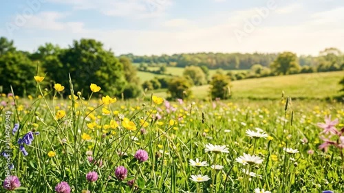Spring meadow with flowers in blossom under sunshine, soft blurred background with copy space for seasonal branding, wellness campaigns and nature editorials, bright petals, green field and airy