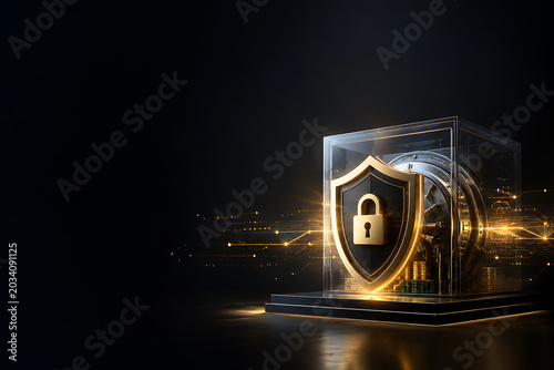 Digital Security and Data Protection Concept with Glowing Golden Shield and Abstract Network