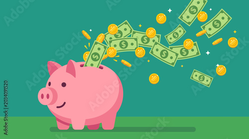 Konstfotografi A pink piggy bank overflowing with money.