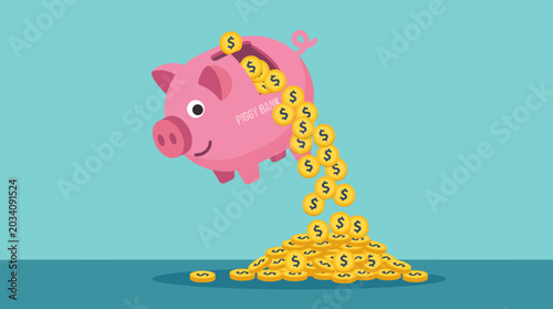 Fotografi Cartoon piggy bank pouring out coins.