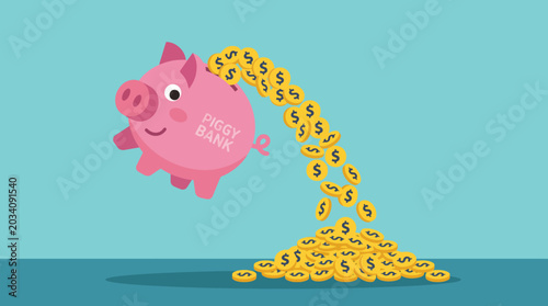Quadro em tela A pink piggy bank with coins pouring out.