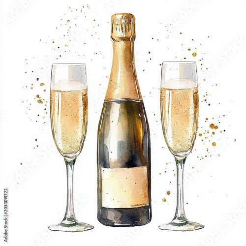 Watercolor illustration of a champagne bottle and two glasses with golden splashes Generative AI.
