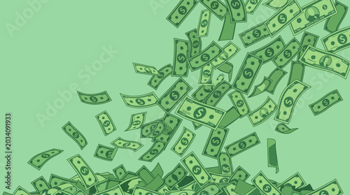 Tableau sur toile A large amount of money flying through the air on a green background