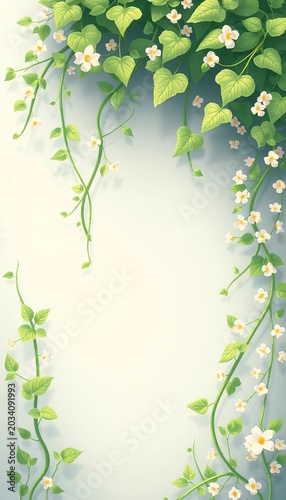 Whimsical illustration of green vines with tiny flowers, vines, white background