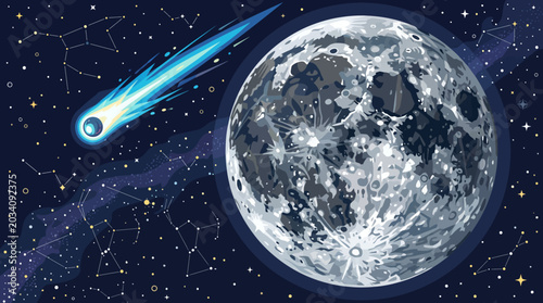 Photos A bright blue comet streaks past the moon in a starry night sky.
