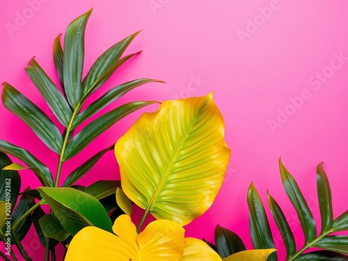 Vibrant tropical leaves against a bright pink background, blurred, disco