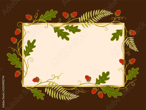 Decorative frame of oak leaves, acorns, and delicate fern branches surrounding a blank cream-colored center panel, bordered with a golden frame set against a rich reddish brown background.