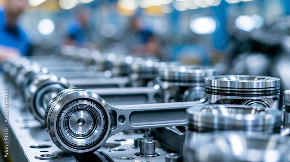 Naklejka premium Medium shot of fracturesplit connecting rod assembly line with technicians aligning rod halves and caps before final fastening in a precision engine workshop.