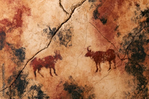Ancient cave art of two animals on a textured, cracked rock surface with red earth tones