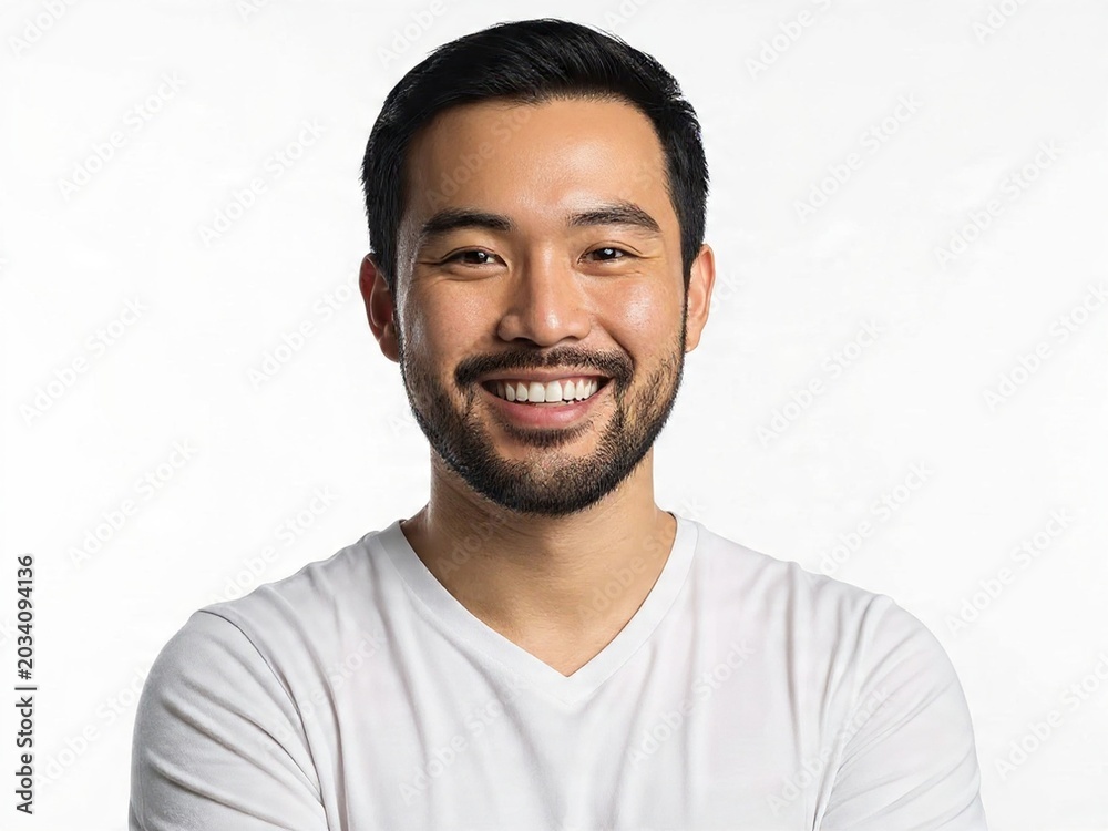 Fototapeta premium Young Asian Man Smiling Confidently in a White T-shirt against a Plain Background