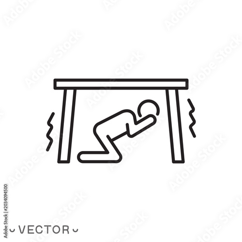 earthquake safety action line icon, safety protocols for earthquake preparedness, thin line symbol isolated on white background, editable stroke eps 10 vector illustration