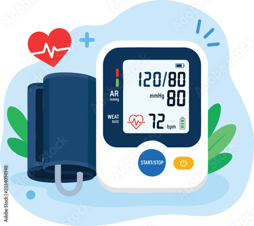 Digital medical blood pressure monitor with arm cuff and heart rate illustration