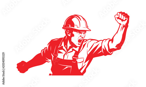 Quadro su tela Angry worker or builder shouting with raised fist vector illustration, strike or