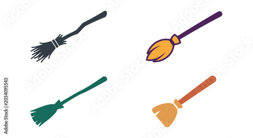 Obraz na plátně Four Broom Illustrations In Varying Colors And Styles