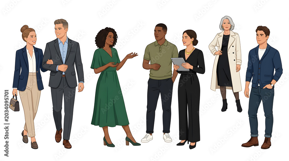 Obraz premium Diverse business people collection, professional men and women in smart casual attire, multiethnic corporate team characters on white background