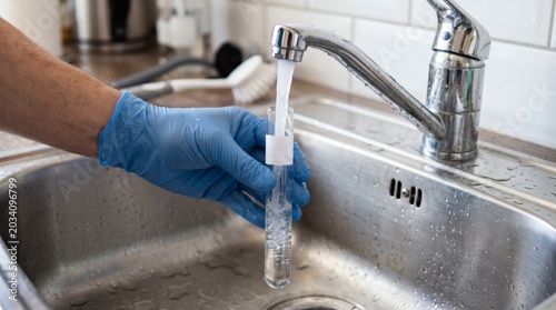 Testing Water Quality - A Hand in Blue Glove Holds a Sample Bottle Under Faucet.