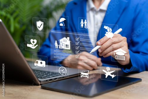 Comprehensive Insurance and Property Protection Concept, Businesswoman Reviewing Insurance Documents checklist Payment Terms Family Coverage Health Travel Asset Protection and Retirement Savings Plans