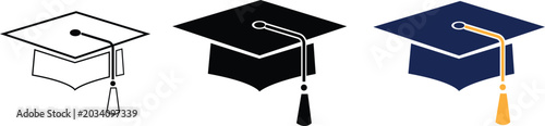 Three variations of graduation caps icon set showing outline solid and colored academic mortarboard hats for university school and college education design Vector