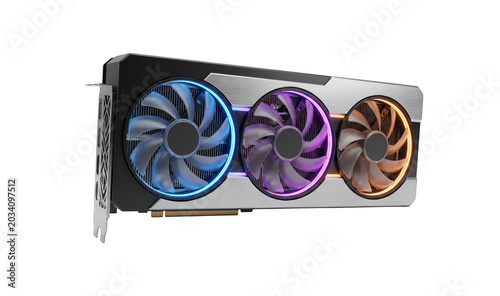 High-performance graphics card with RGB lighting, powerful triple fan GPU for gaming PC, modern computer hardware component for video editing isolated on Transparent Background