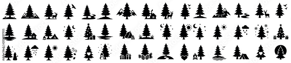 Obraz premium Pine tree icons set. Nature and forest symbols. Mountains, deer, birds, river. Weather, seasons, Christmas tree. Solid black silhouette style