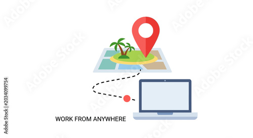 Tableau sur toile Work From Anywhere Concept: Laptop & Island Map