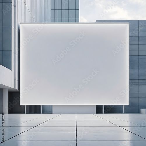A large, illuminated billboard is mounted on a modern building facade, featuring a clean, minimalist design with a sleek outdoor plaza in the foreground, suggesting a contemporary urban setting.