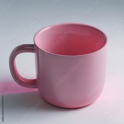 A simple pink ceramic mug sits on a light surface, casting a subtle shadow, ready to hold a warm beverage.