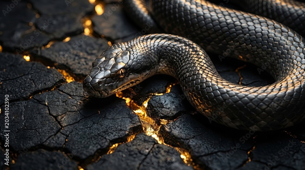 Obraz premium A close-up of a black snake resting on cracked, charred ground with glowing golden fissures beneath the surface.