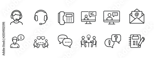 Contact service customer care web line icons set telemarketing headset support consultant corporate marketing talk table meeting & more vector illustration with editable stroke