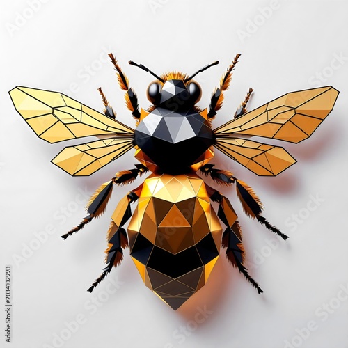A geometric, low-poly illustration of a bee with gold and black facets, set against a neutral background