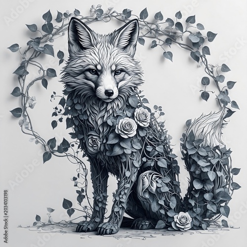An artistic depiction of a fox adorned with lush foliage and delicate roses, seated elegantly within a frame of intertwined vines and leaves.