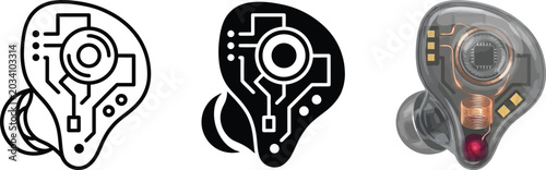 Fotografija Modern in-ear monitor icons and realistic transparent earbud featuring advanced