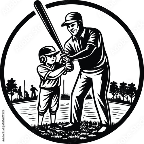 Black and white, vintage baseball illustration, father teaching son, circular logo, monochrome sports art