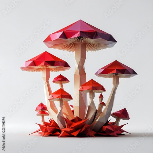 A cluster of stylized red polygonal mushrooms rises from a bed of red leaves, rendered in a clean, modern, origami-inspired aesthetic against a neutral background.