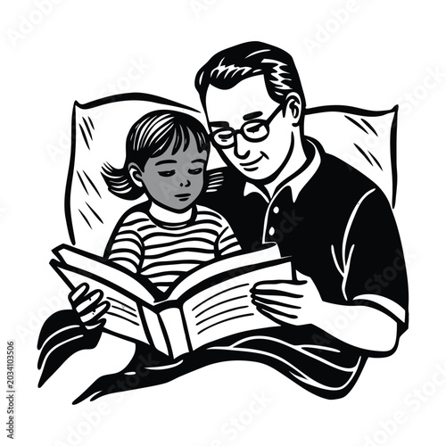 Black and white, illustration of a man reading to a child, father son bonding, bedtime story, vector