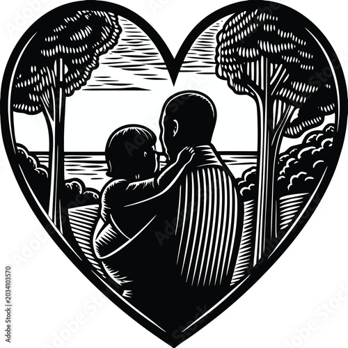 Heart Shaped Silhouette, Father and Child, Woodcut Style, Black and White Vector Icon