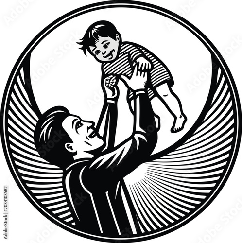 Vintage, black and white, father and child illustration, vector icon, family love symbol, monochrome