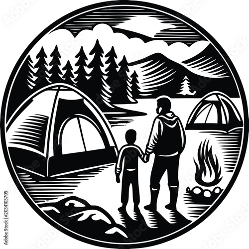 Camping, outdoor adventure, family fun, vector illustration, black and white, circular logo
