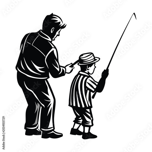 Black and white vector illustration, father teaching son fishing, monochrome clip art, family outdoor activity