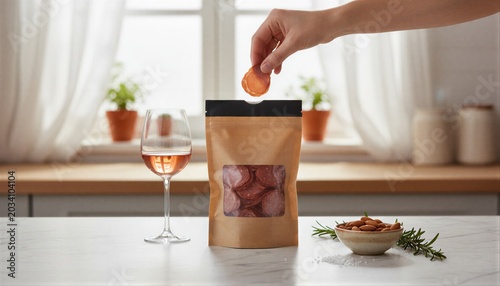 Person reaching for a savory dried meat snack