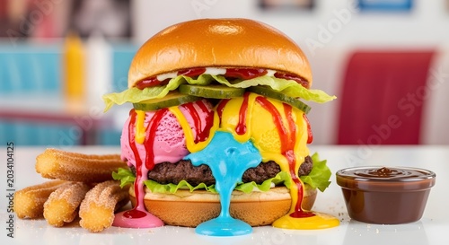 Extreme dessert burger with churros and chocolate sauce colorful food concept