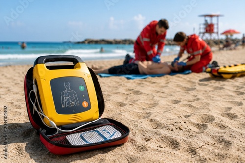 Lifeguards Using Defibrillator on Beach Rescue