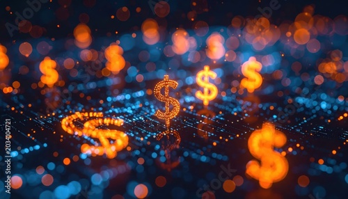 Abstract digital financial grid with glowing dollar symbols.