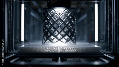 Obraz na płótnie Medium shot showcasing a 3D printer fabricating complex lattice structures for prototypes emphasizing advanced geometry and optimization in additive manufacturing.