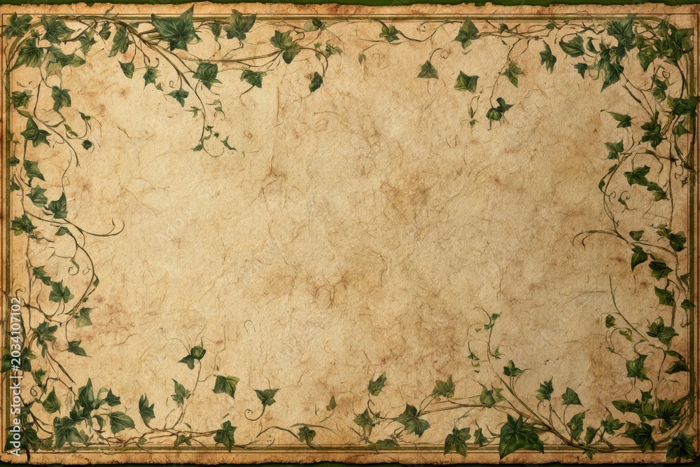 Naklejka premium Vintage Textured Paper Background with Green Ivy Vine Border and Space