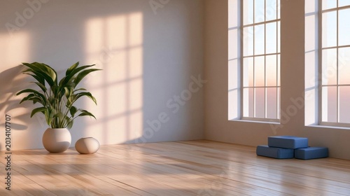 Empty room with a large window on the right side. the window has white frames and is letting in natural light. on the left side of the room, there is a large potted plant with green leaves.