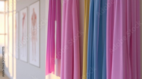 Row of colorful curtains hanging on a white wall in an art gallery. the curtains are of different colors - pink, yellow, blue, and purple.