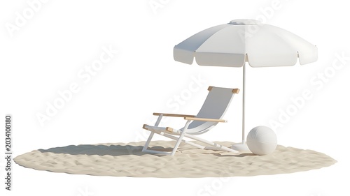 Beach scene with white beach chair umbrella and ball on sandy shore